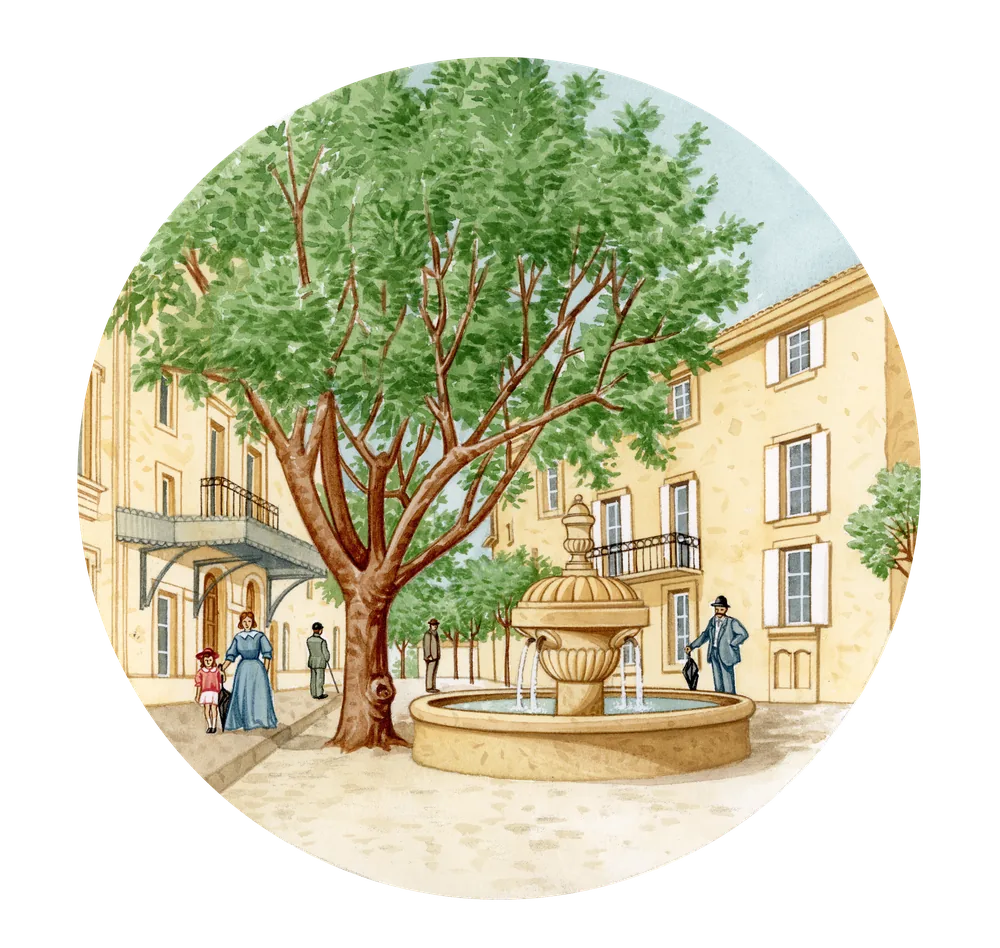 Assiette illustrée : la fontaine de Souspiron, XIVe siècle
