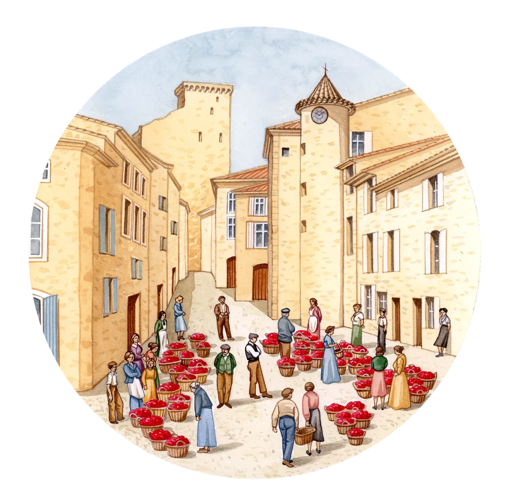Assiette illustrée : le marché aux cerises dans les rues du village