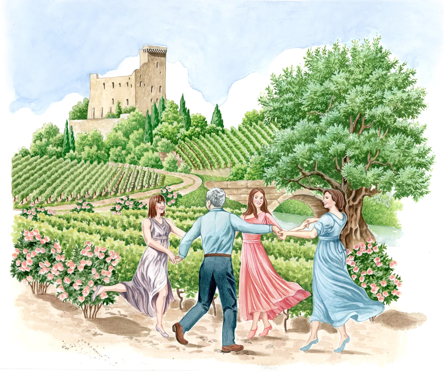 Illustration de la maison Les Filles et Légat du Pape, ronde traditionnelle devant le château de Châteauneuf-du-Pape